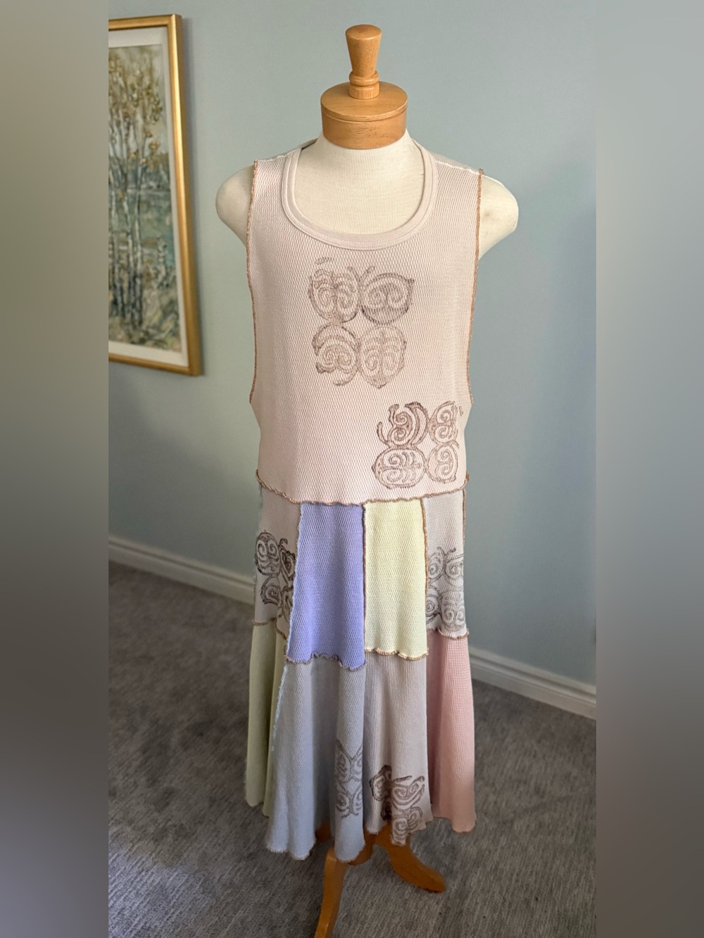 Vintage Boho Waffle Knit Patchwork Maxi Dress Cottagecore Fairycore